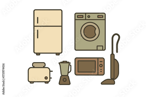 Common household electrical appliances set in flat design style with muted earth tones