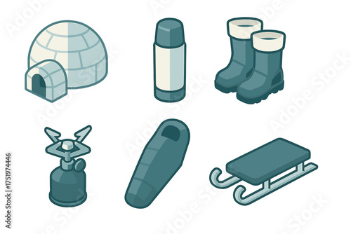 Isometric set of essential cold weather expedition and winter survival equipment