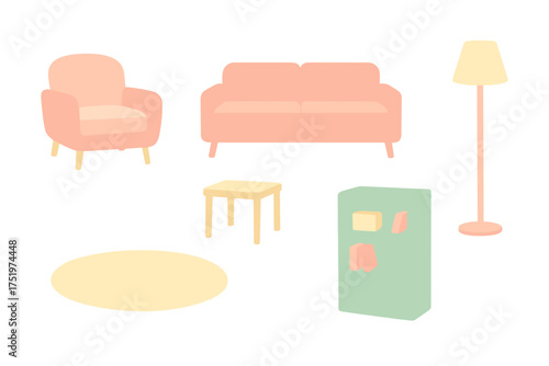 Pastel colored living room furniture set featuring sofa armchair lamp and bookshelf