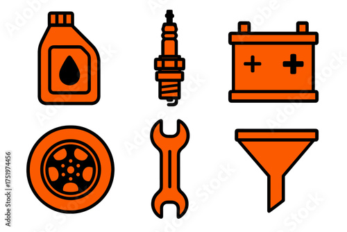 Essential automotive maintenance parts and repair tools icon set in bold orange and black style