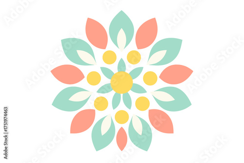 Symmetrical floral mandala with geometric shapes and pastel colors on white background