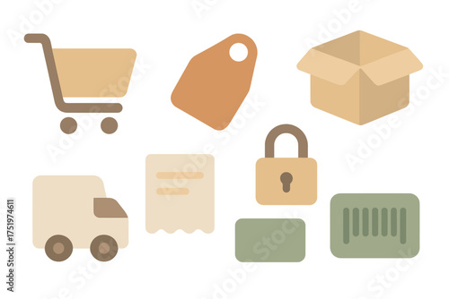 Essential e-commerce and online shopping icons set covering delivery, payment, security, and packaging symbols