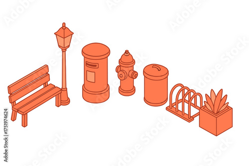 Isometric set of essential city and park infrastructure elements isolated on white