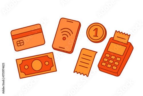 Modern and traditional payment methods collection: credit card, smartphone, cash, coin, receipt, POS terminal