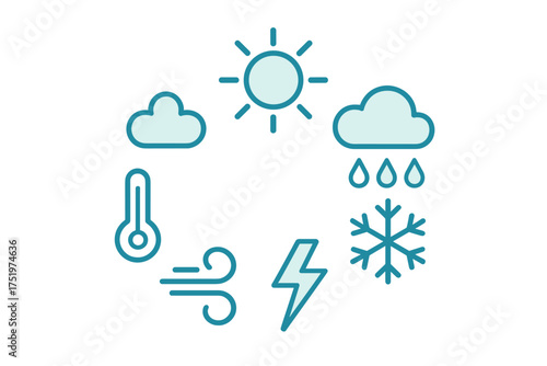 Set of weather and climate condition icons including sun cloud rain snow wind and temperature symbols