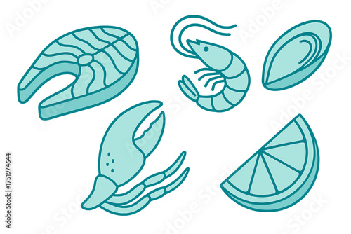 Set of fresh seafood and citrus icons featuring salmon shrimp mussel crab and lemon