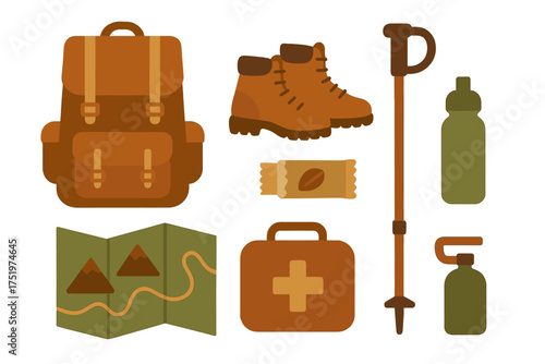 Set of outdoor adventure essentials including backpack, hiking boots, trekking pole, and map