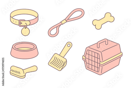 Isometric set of essential accessories and supplies for domestic pets