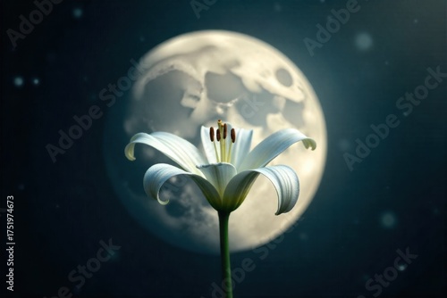 Enigmatic Bloom A single, delicate flower unfurling its petals under the moonlight, hinting at hidden secrets and quiet observation. A single, highly detailed close up of a delicate, dew kissed flower