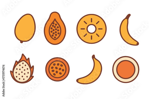 Set of tropical fruits including mango papaya pineapple banana and passion fruit icons