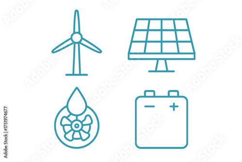 Outline icons set for renewable energy sources and battery storage solutions