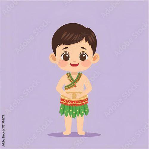 Cute cartoon boy in traditional indigenous attire, adorned with vibrant beadwork and a grass skirt, standing against a soft purple background