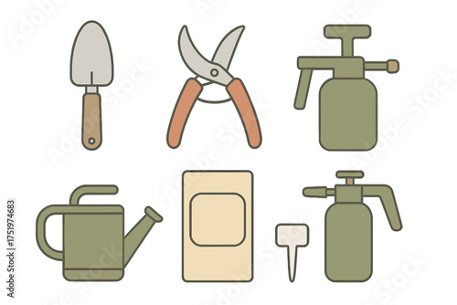 Essential gardening tools collection including trowel, pruners, watering can, and sprayer