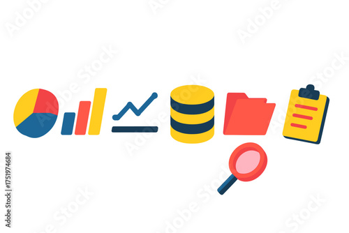 Essential business and finance icons set featuring charts, database, folder, and clipboard symbols