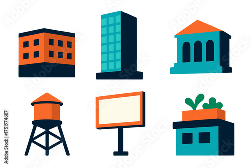 Stylized flat design set of city buildings, skyscraper, bank, and water tower