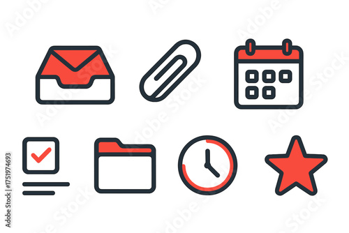 Essential interface icons set for business and productivity applications including mail, calendar, and time symbols