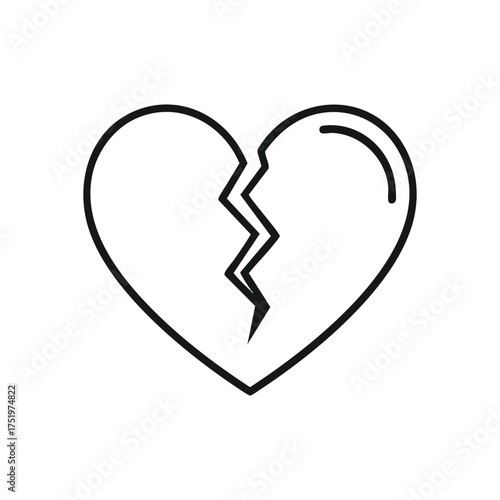 (Broken Heart Line Icon. A simple outline illustrates profound feelings of sadness and sorrow. This emblem symbolizes separation, loss, and the end of a cherished relationship.)