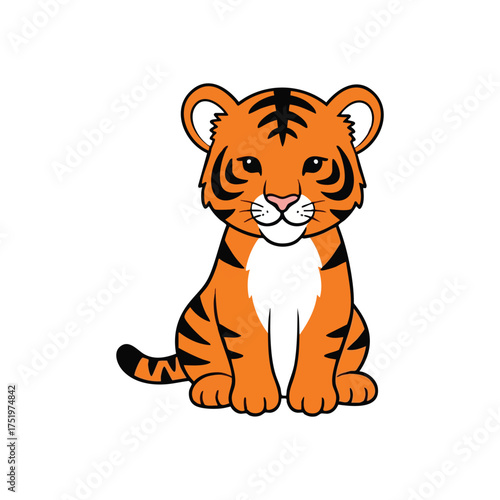 (Cute Cartoon Tiger Cub. An endearing illustration of a young wildcat, representing innocence and playfulness. Perfect for children's designs or celebrating the Year of the Tiger.)