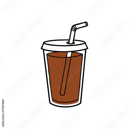(Iced Coffee Beverage Cup Illustration. Simple outline rendering of a cool refreshment in a disposable vessel with a sipper. Represents quick pleasure and convenient hydration.)