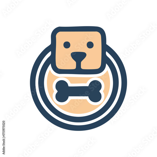 (Loyal Canine Treat Symbol. Stylized graphic showcasing a sweet dog head and a bone, enclosed in a round frame. Conveys animal welfare, companionship, and pet wellness.)