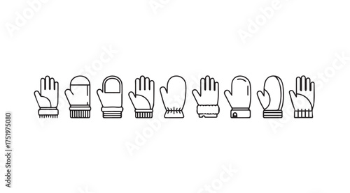 Collection of cozy mittens and gloves line art icons for winter season apparel design vector