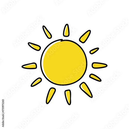 (Cheerful Sunny Day Symbol. A vibrant yellow celestial body with radiant beams. This simple sketch conveys warmth, joy, and new beginnings.)