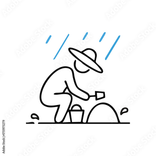 (Gardener Planting in Soft Rain. An individual diligently cultivating the earth under gentle precipitation. This outline drawing symbolizes growth, nurture, and effort despite challenges.)