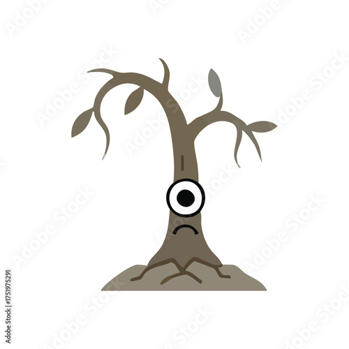 (Worried Tree Character Illustration. This unhappy plant portrays environmental distress or ecological concerns, symbolizing the impact of climate change with a sorrowful expression.)