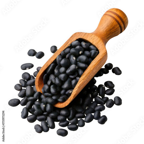 Black beans on wooden scoop isolated on transparent background.