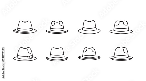 Collection of eight hand-drawn fedora hats in sketch style with subtle shading detail vector