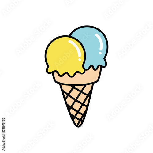 (Vibrant Two Scoop Ice Cream Cone. A delightful drawing of a double scoop frozen dessert in a crisp waffle pastry. This joyful image suggests summer enjoyment and sweet indulgence.)