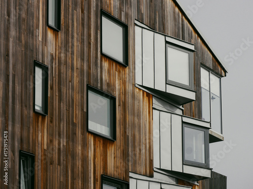 Close-up of modern building with wood paneling