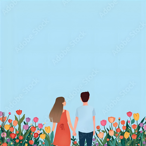 A couple holding hands walking through a field of colorful tulips under a clear blue sky, symbolizing love and a new beginning