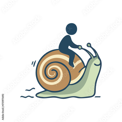 (Human Figure Riding Snail. A charming cartoon depicts an individual astride a mollusk, representing unhurried development, perseverance, or enjoying a leisurely pace.)