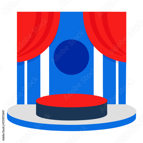 Stage design with circular podium blue curtains and red accents for elegant event setup vector on white background.