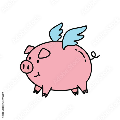 (Cute Winged Swine Drawing. This playful airborne animal represents dreams coming true or the seemingly impossible. A delightful graphic for luck and aspiration.)