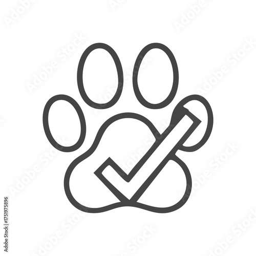 (Pet Paw Verified Mark. This simple grayscale graphic depicts a creature's print with an affirmation sign, symbolizing endorsement, wellbeing, and responsible animal practices.)