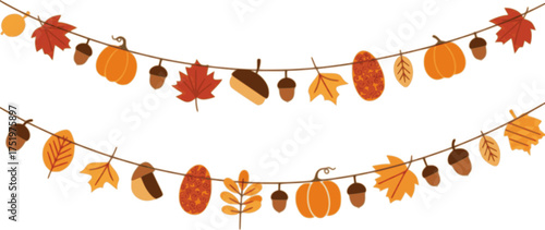 Autumn garland, graphic elements for Fall and Thanksgiving season. Vector isolated on white background.
