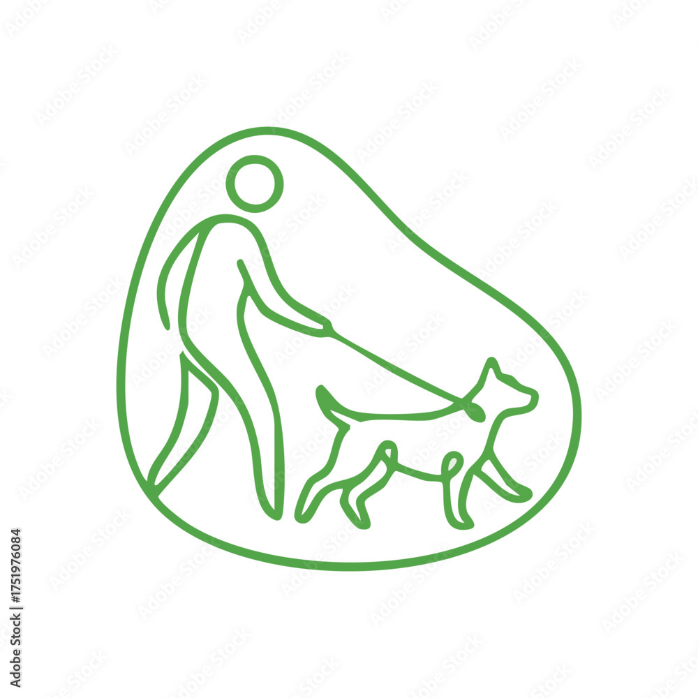 Fototapeta premium (Pet Owner Walking Dog Line Artwork. Minimalist emerald outline drawing of a human exercising with their beloved canine. Symbolizes companionship, responsibility, and healthy living.)