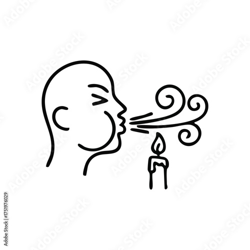 (Blowing Out Candle Minimal Icon. Stylized graphic shows an individual exhaling strongly to extinguish a burning taper. Represents wishes, celebration, and determined effort.)