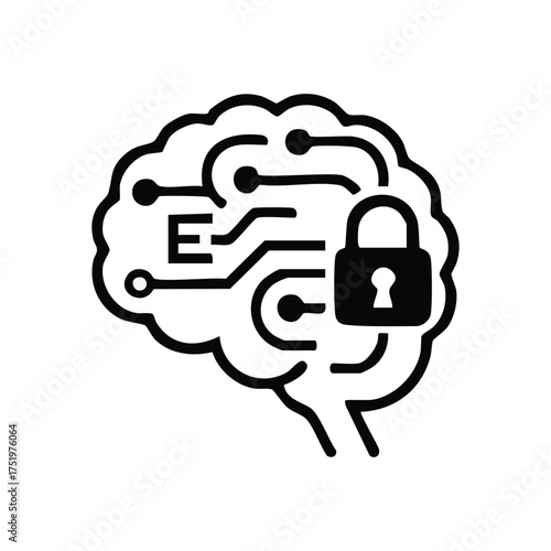 (Digital Brain Protection. Icon depicting a mind with circuit lines and a padlock, symbolizing cyber safety, information privacy, and intellectual property guarding in the age of AI.)