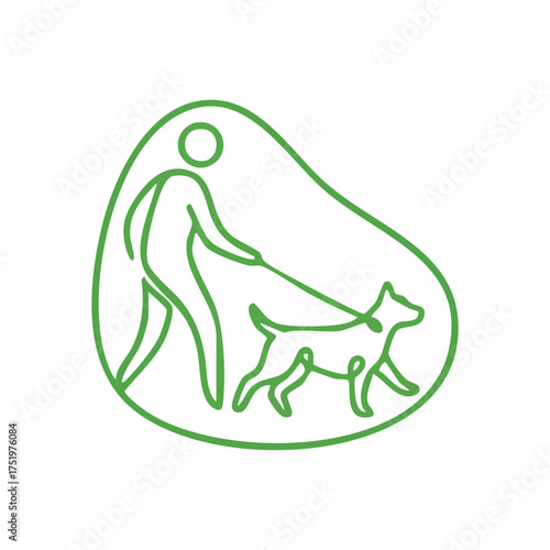 (Pet Owner Walking Dog Line Artwork. Minimalist emerald outline drawing of a human exercising with their beloved canine. Symbolizes companionship, responsibility, and healthy living.)