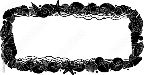 Seashells border divider outline. Sea and ocean design template. Vector illustration summer or beach party, advertising design
