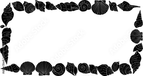 Seashells border divider outline. Sea and ocean design template. Vector illustration summer or beach party, advertising design
