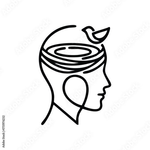 (Serene Thought with Bird Nest. A tranquil profile showcases a creative brain with a feathered creature's home. It symbolizes inner calm, new ideas, and developing wisdom.)