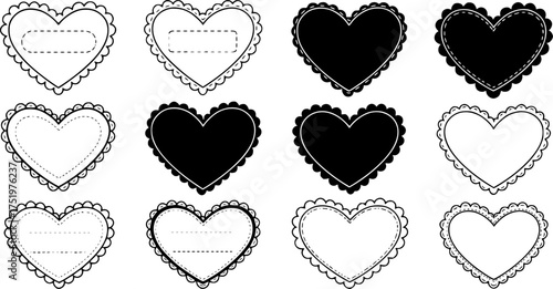 Scalloped Edge Stitched Heart Frame Badge Set. Simple label sticker template. Cute Valentines Day frill ornament. Vector illustration isolated on white background.
