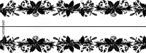 Christmas themed decorative border and text divider, Mistletoe and Candy Cane Pattern. Vector Illustration.

