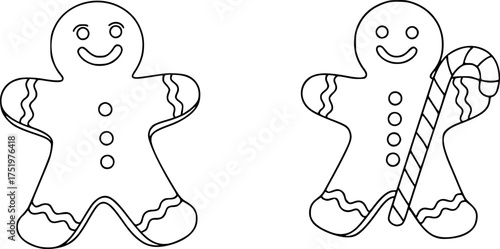 Gingerbread man cookies with peppermint and candy cane outline line art doodle cartoon illustration. Winter Christmas theme coloring book page activity for kids and adults. 