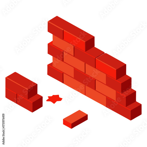 Brick walls one damaged and one reinforced with red bricks vector on white background.