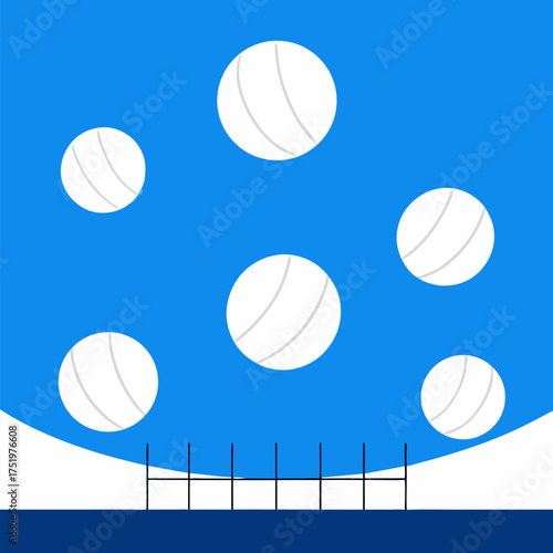 Volleyballs centered in frame white spheres flying over net on outdoor court with blue  vector on blue background.